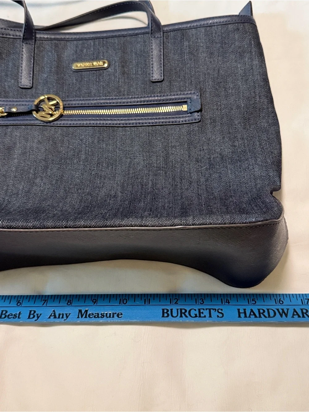 Michael Kors Denim Tote Bag Navy Blue Large Zip Top Laptop Shoulder Bag - Picture 4 of 10